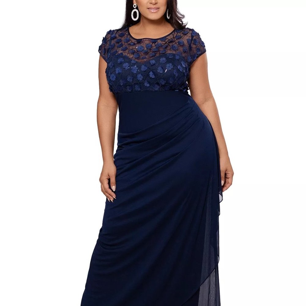 XSCAPE Plus Size 3D-Floral Gown Navy Blue